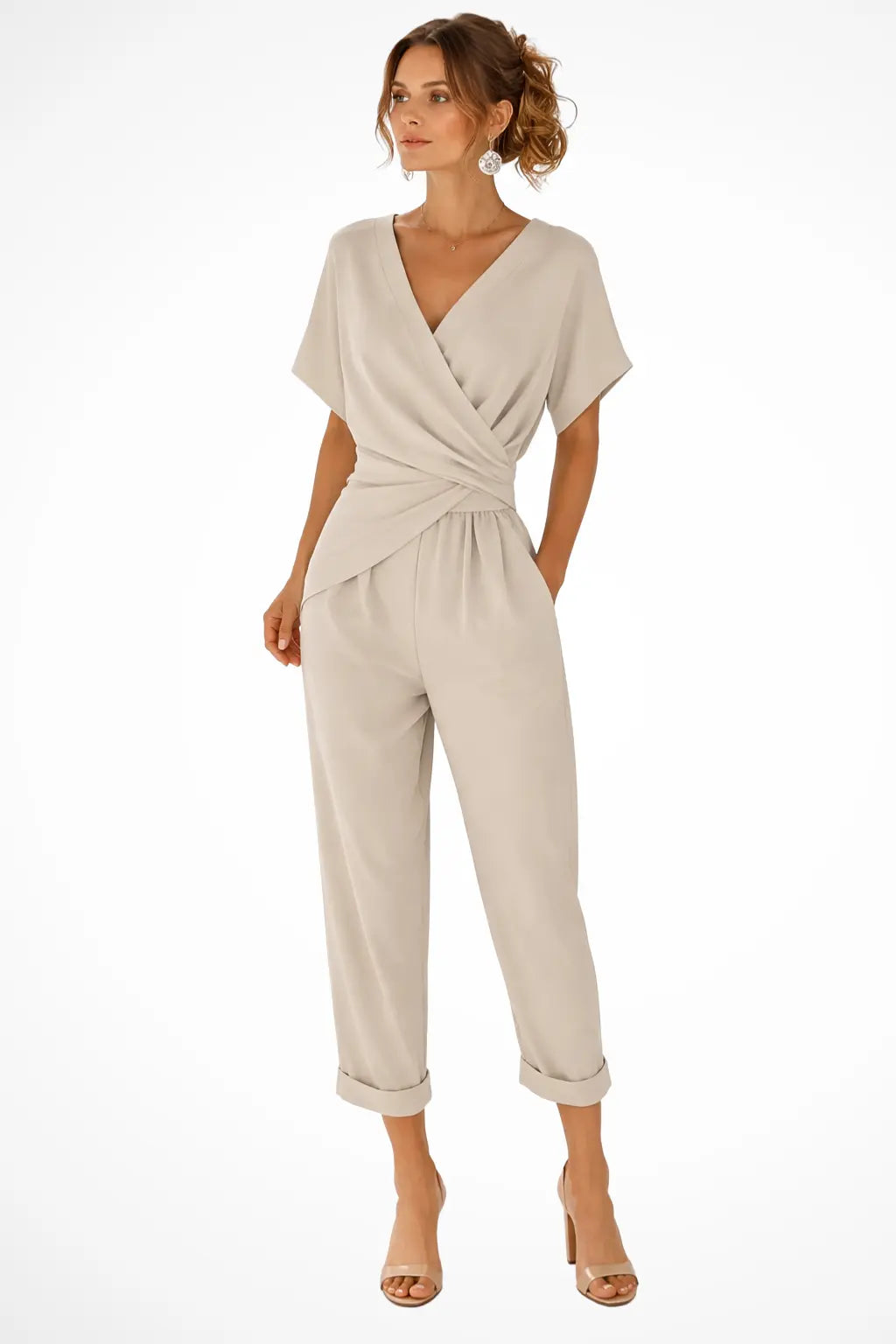 Celeste | Women Wrap Front Short Sleeve Cropped Jumpsuit with Pockets TARHUS  Kleider & Jumpsuits