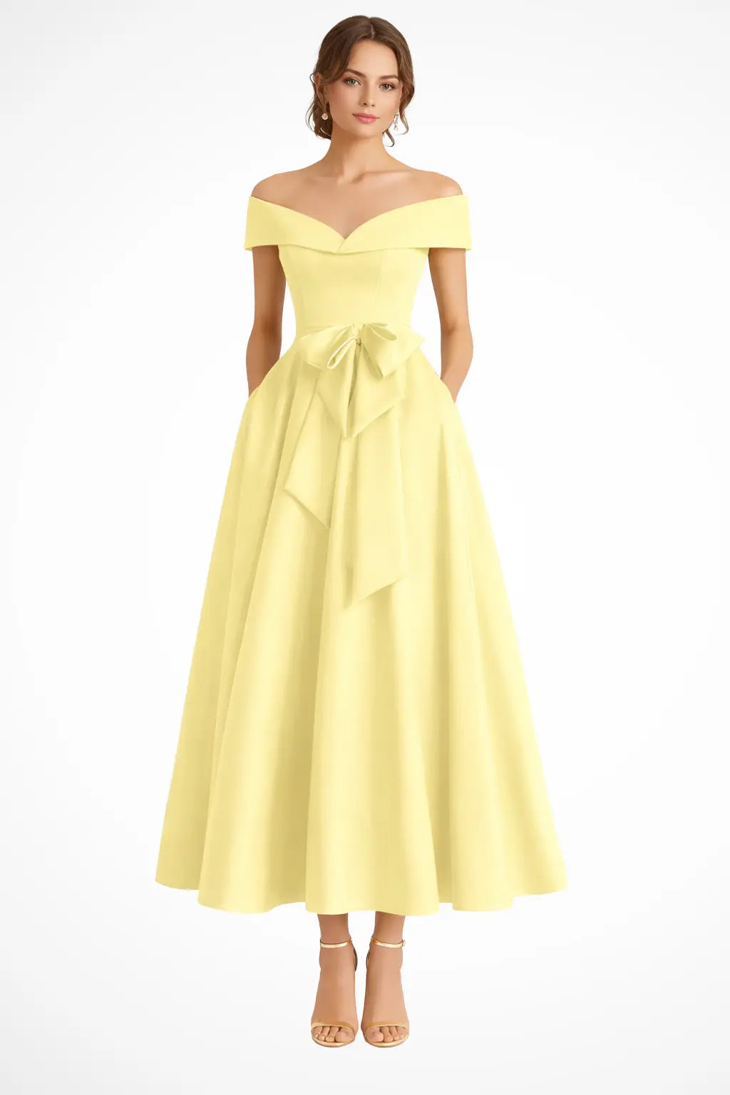 Arabella | Women Off Shoulder Bow Waist A Line Midi Wedding Guest Dress TARHUS  Mother of the Bride Dresses
