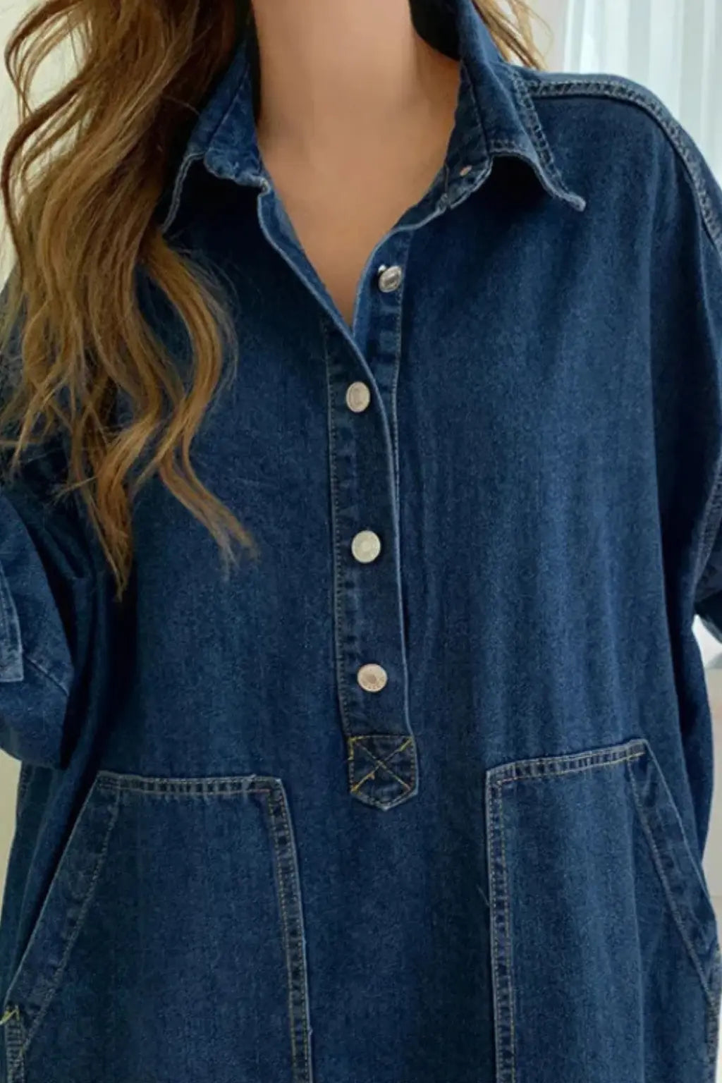 Margot | Women Oversized Long Sleeve Collared Denim Maxi Dress with Pockets TARHUS