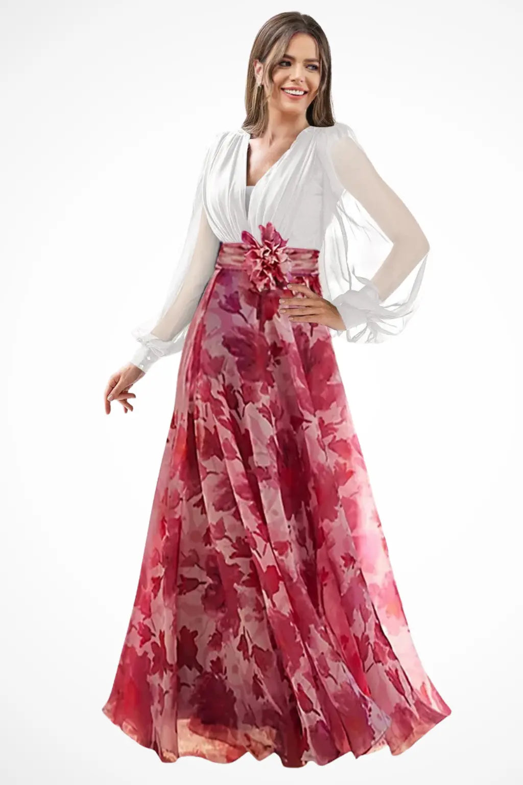 Valentina | Women V Neck Balloon Sleeve Floral Print Maxi Wedding Guest Dress TARHUS  Mother of the Bride Dresses