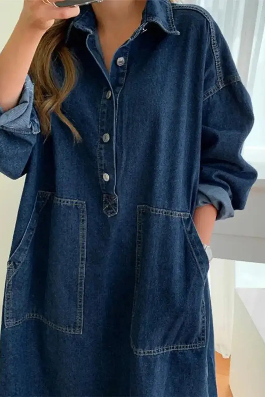 Margot | Women Oversized Long Sleeve Collared Denim Maxi Dress with Pockets TARHUS