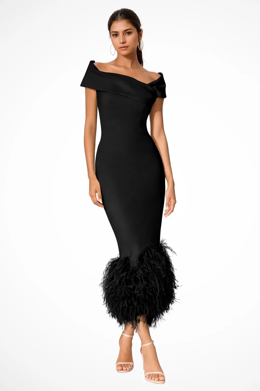 Verity | Women Off Shoulder Fitted Feather Hem Midi Wedding Guest Dress TARHUS  Mother of the Bride Dresses