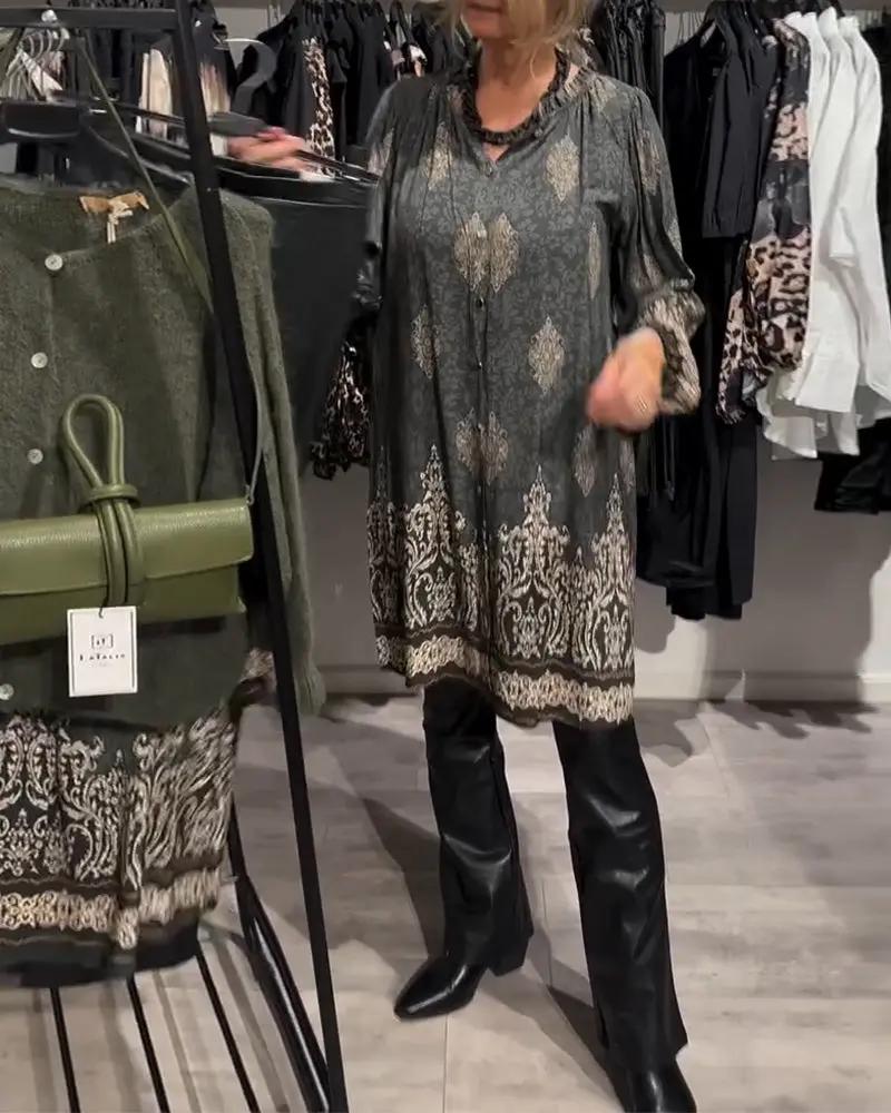 Vintage Print Shirt Dress – Long Lantern Sleeves, Lapel Collar & Button Front TARHUS  Dresses