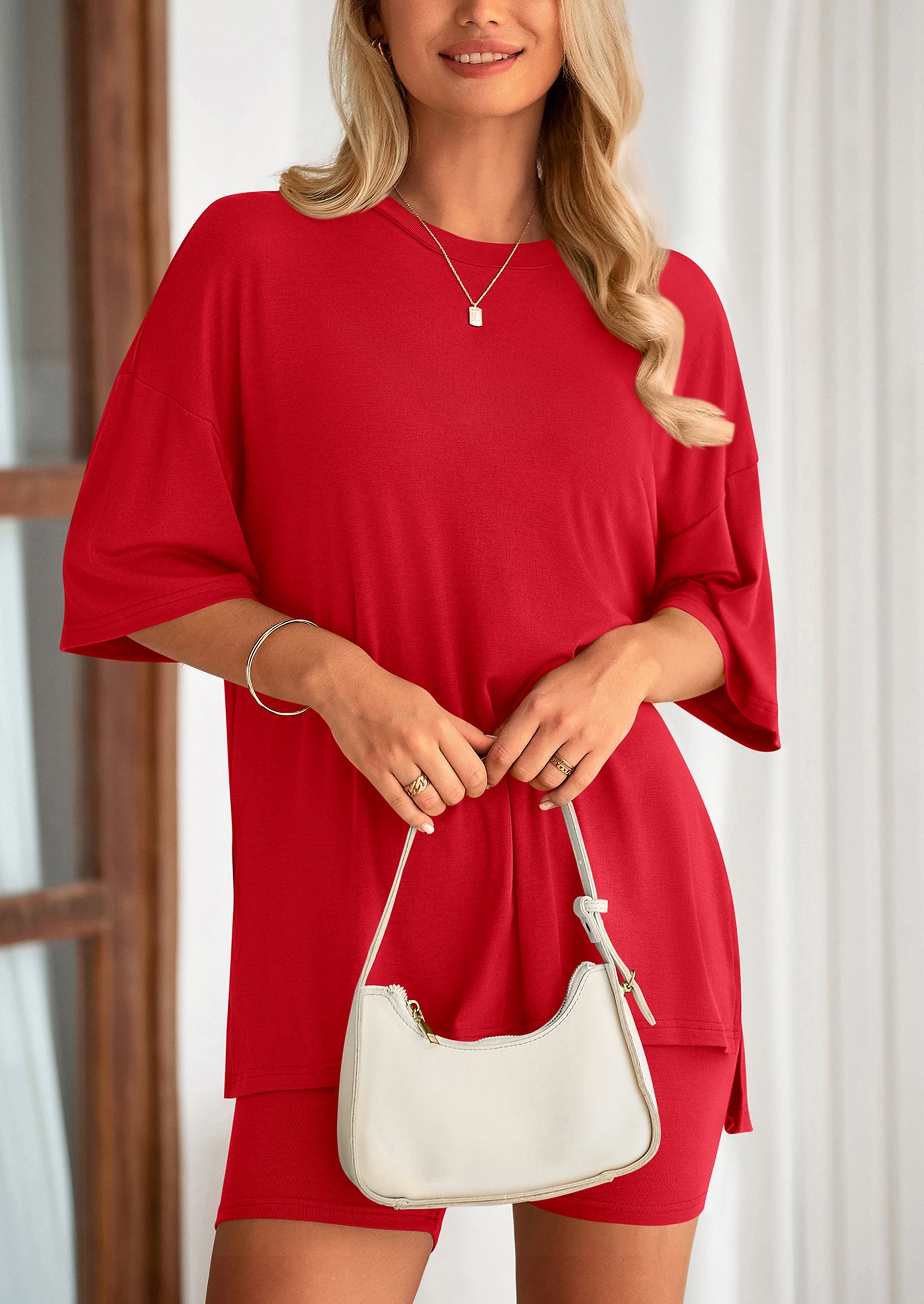 Casual Short Sleeved Round Neck Top Paired With Shorts Two-Piece Set - TARHUS
