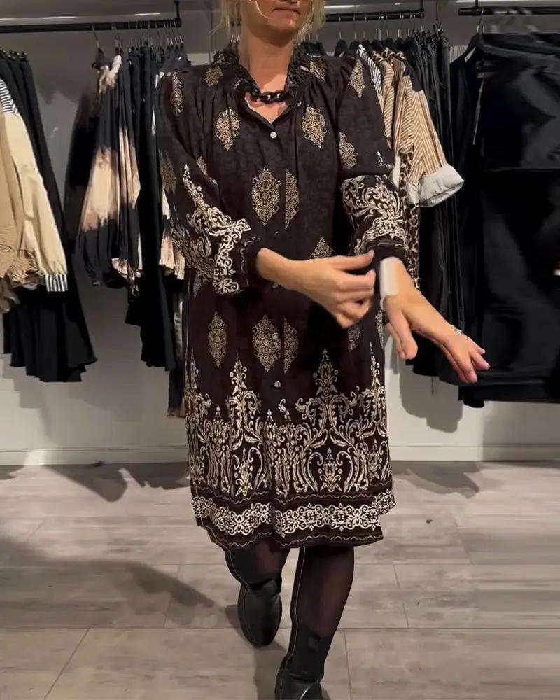 Vintage Print Shirt Dress – Long Lantern Sleeves, Lapel Collar & Button Front TARHUS  Dresses