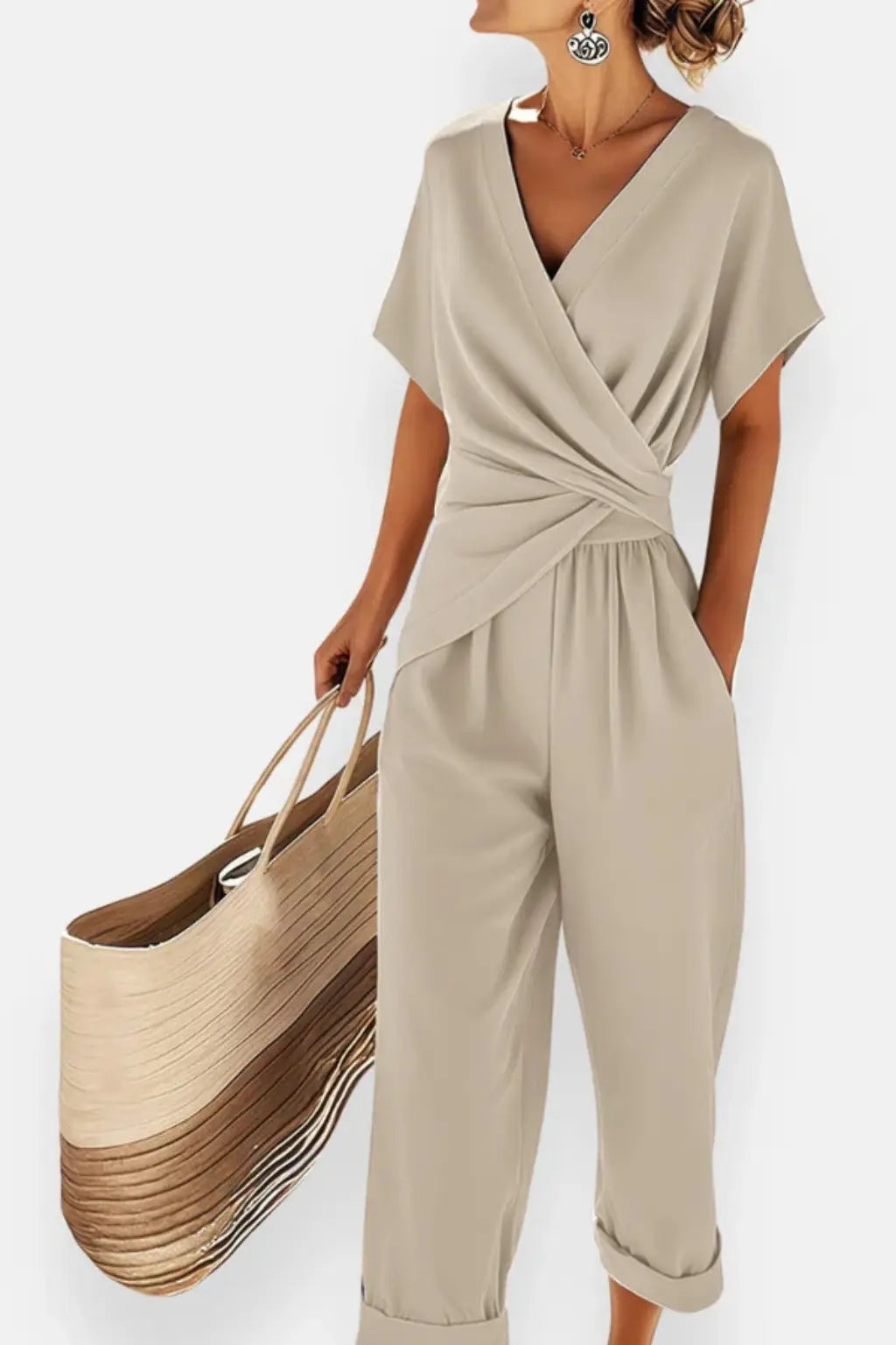 Celeste | Women Wrap Front Short Sleeve Cropped Jumpsuit with Pockets TARHUS  Kleider & Jumpsuits