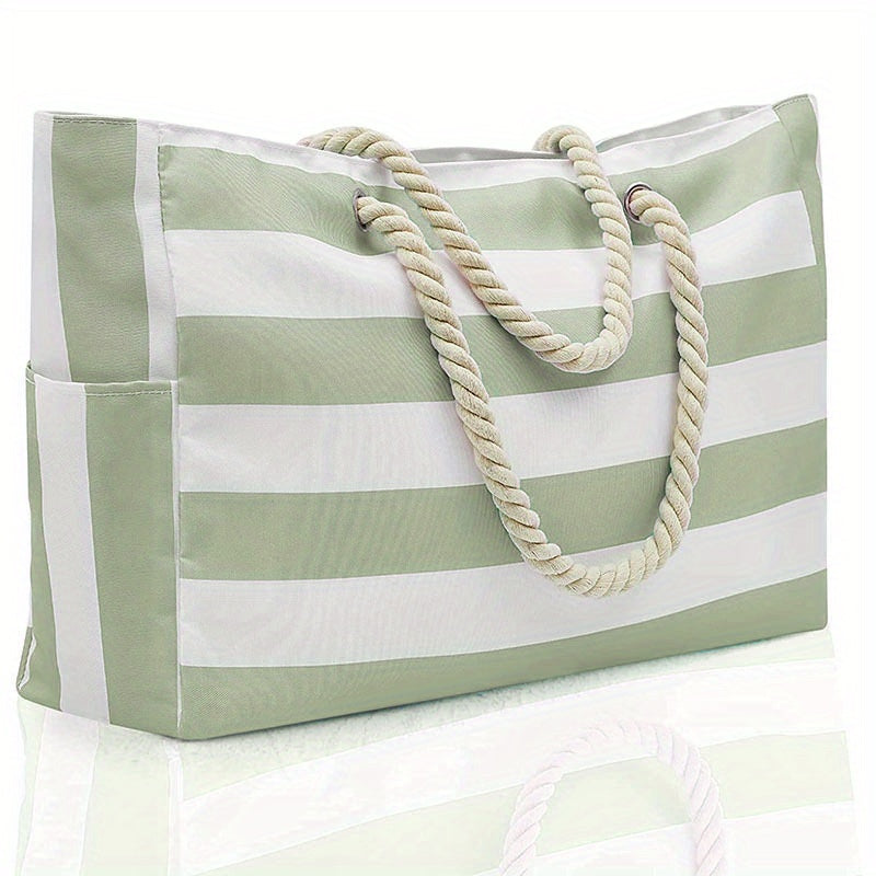 [Striped Beach Tote] Large Striped Canvas Beach Tote Bag with Zipper Closure | 1pc Foldable Shoulder Shopping Bag for Travel & Swimming, Non, Tassel Detail TARHUS