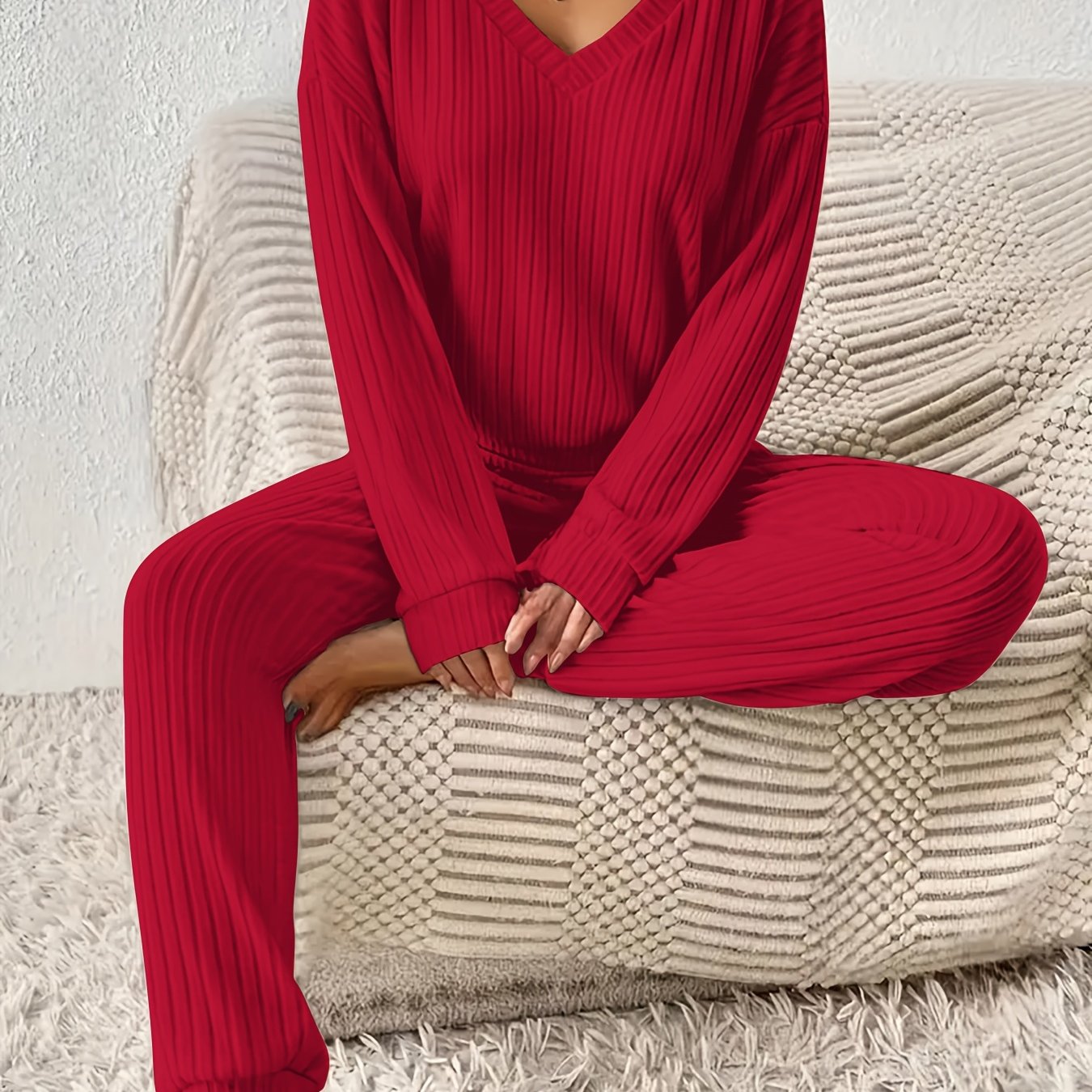 Women’s Knit Lounge Set – Long Sleeve Ribbed Top & Jogger Pants | Cozy 2-Piece Loungewear - TARHUS