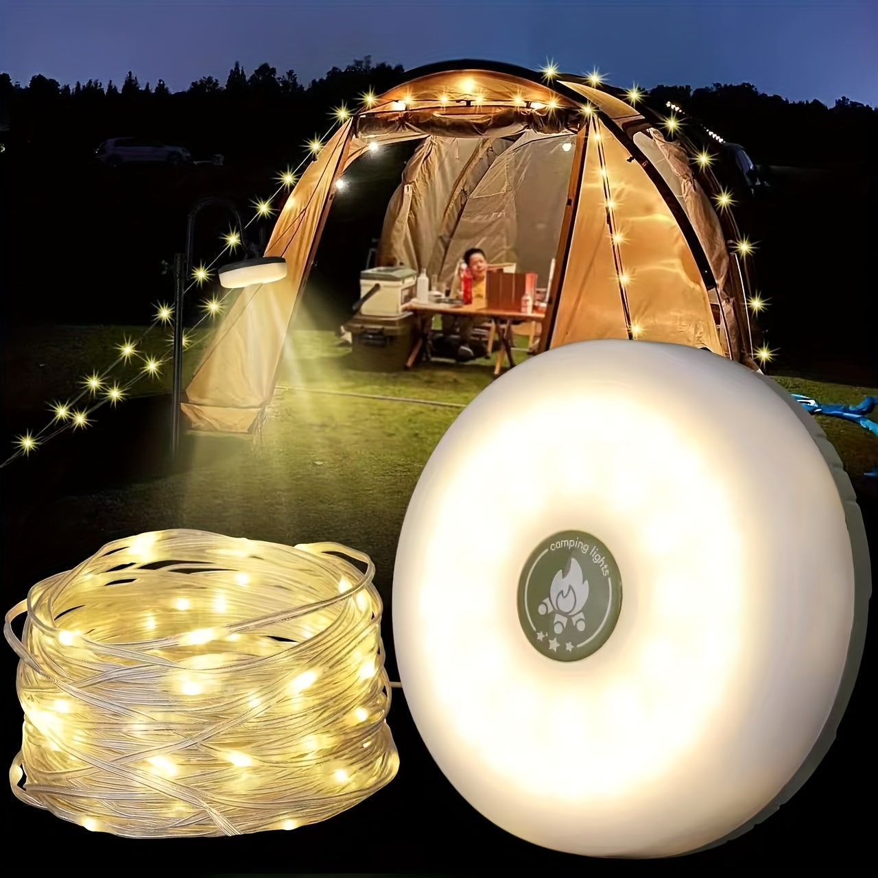 2-in-1 Rechargeable Camping Light String – Waterproof with 5 Light Modes for Outdoor