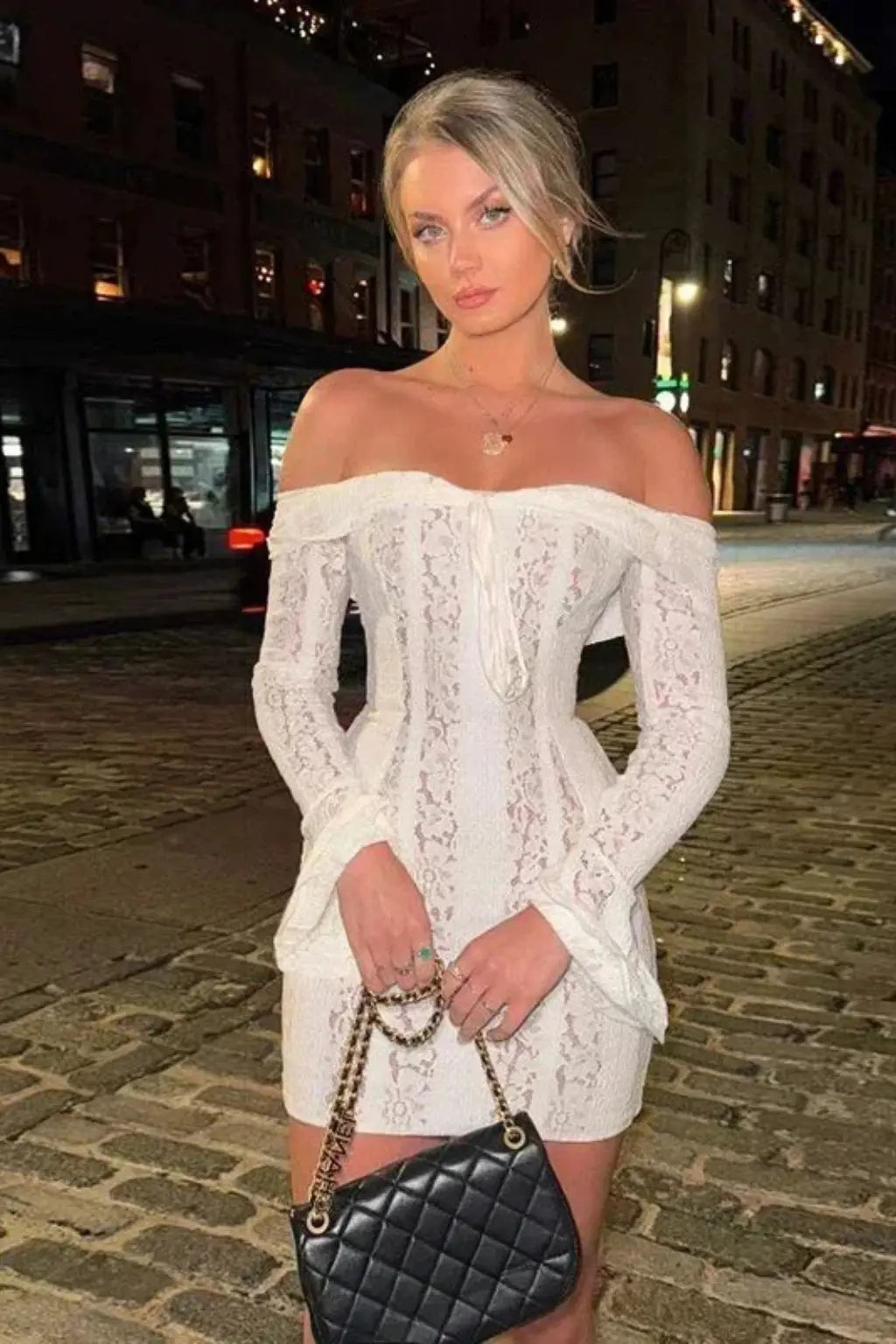 Eli | Women Off Shoulder Lace Long Sleeve Wedding Guest Mini Dress TARHUS  Mini Dresses