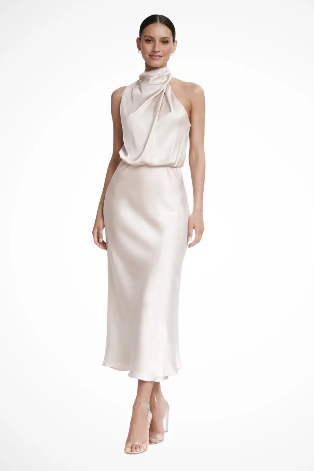 Amelina | Women Halter Neck Midi Dress Satin Wedding Guest Dress TARHUS