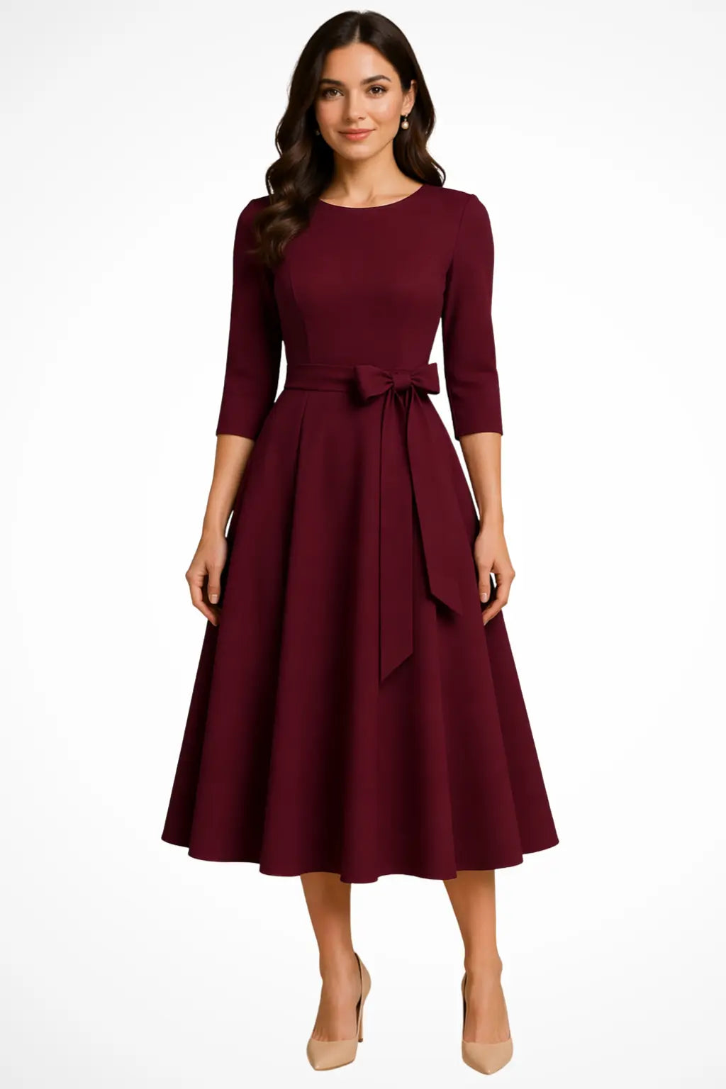 Cordelia | Women Bateau Neck Half Sleeve Pleated A Line Midi Wedding Guest Dress TARHUS  Mother of the Bride Dresses