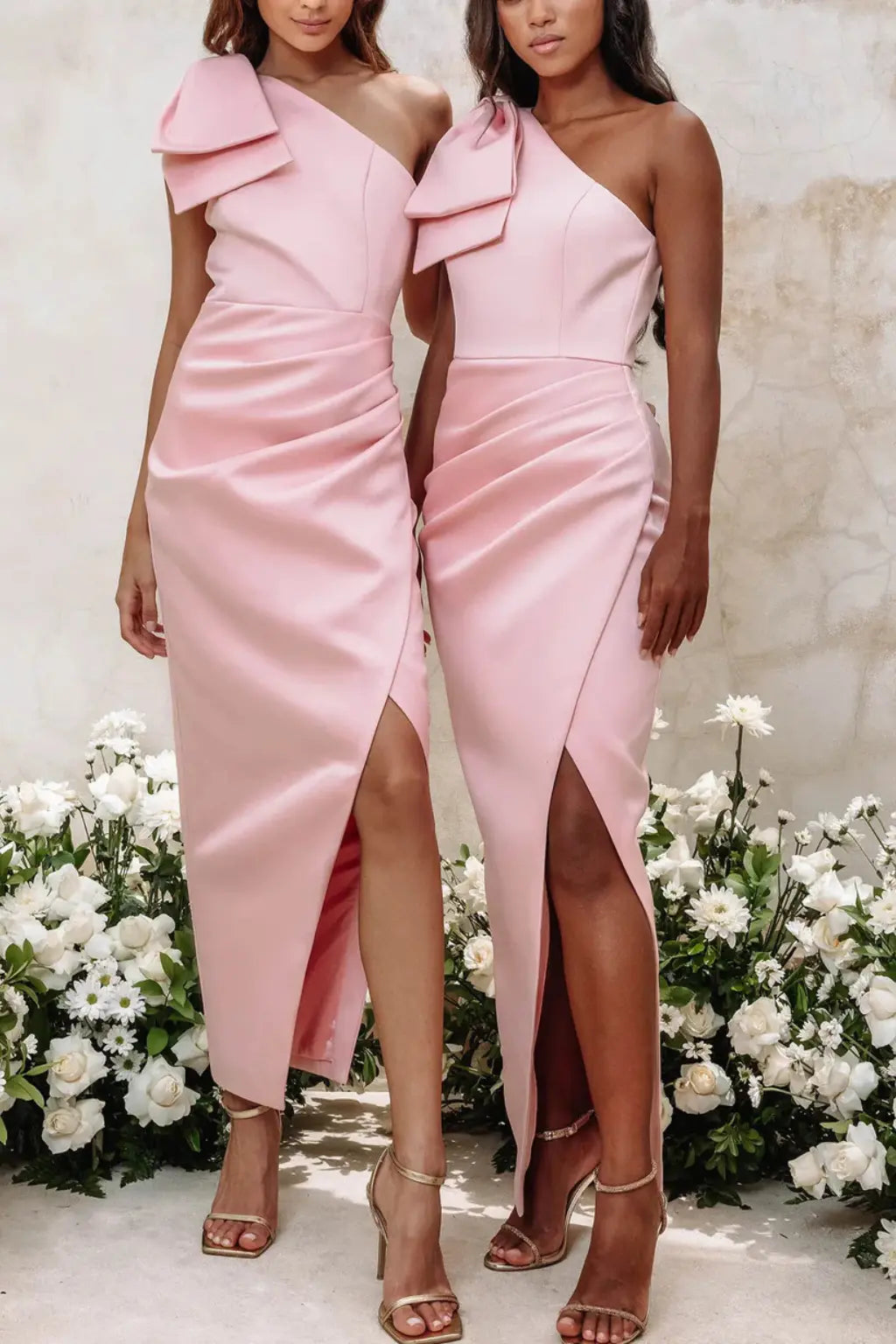Seraphina | Women One Shoulder Bow Wrap Front Asymmetric Pink Wedding Guest Dress TARHUS  Bridesmaid Dresses