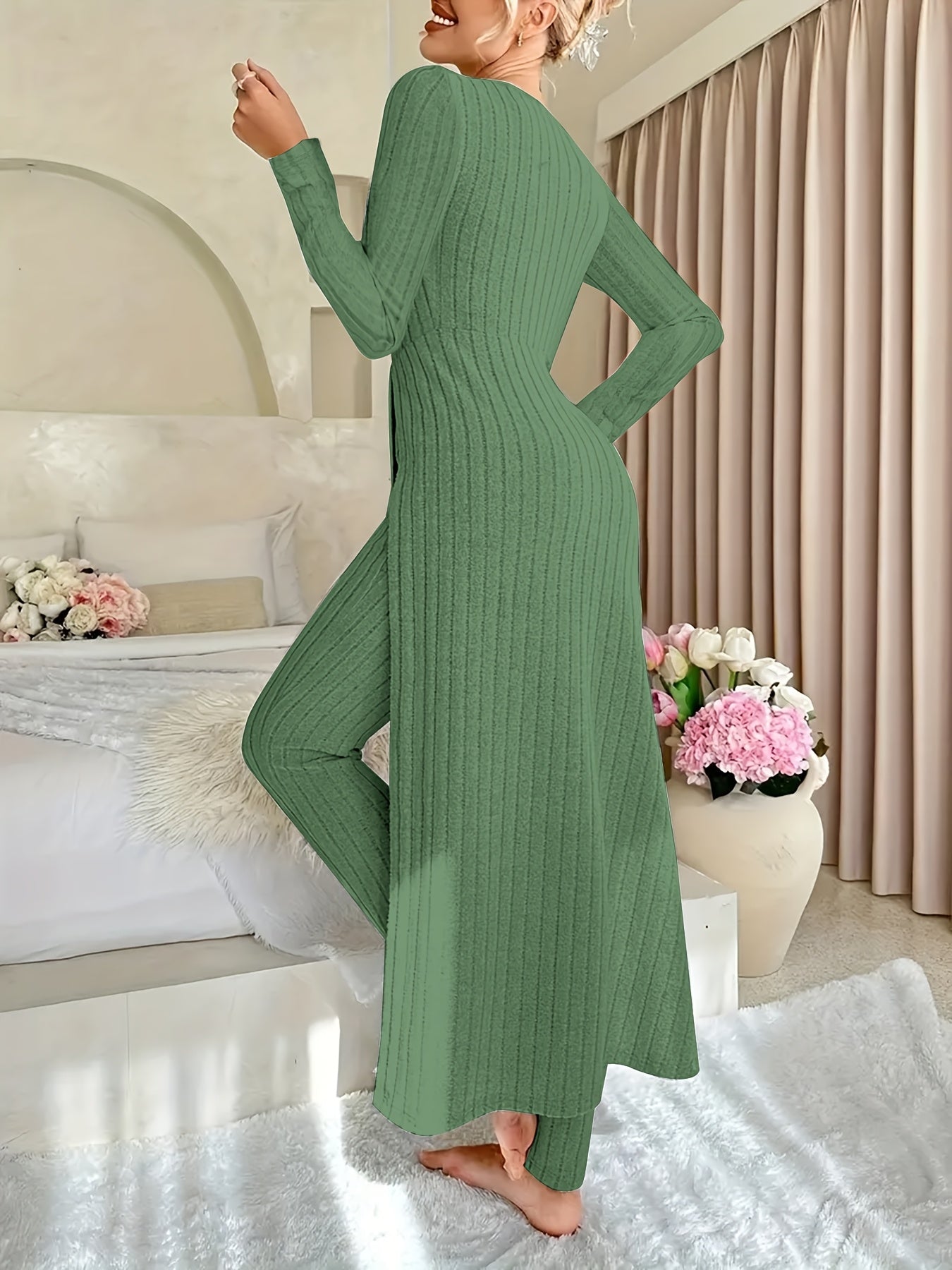 Women's Ribbed Lounge Set – Long Sleeve Top & Pants Two-Piece Outfit - TARHUS