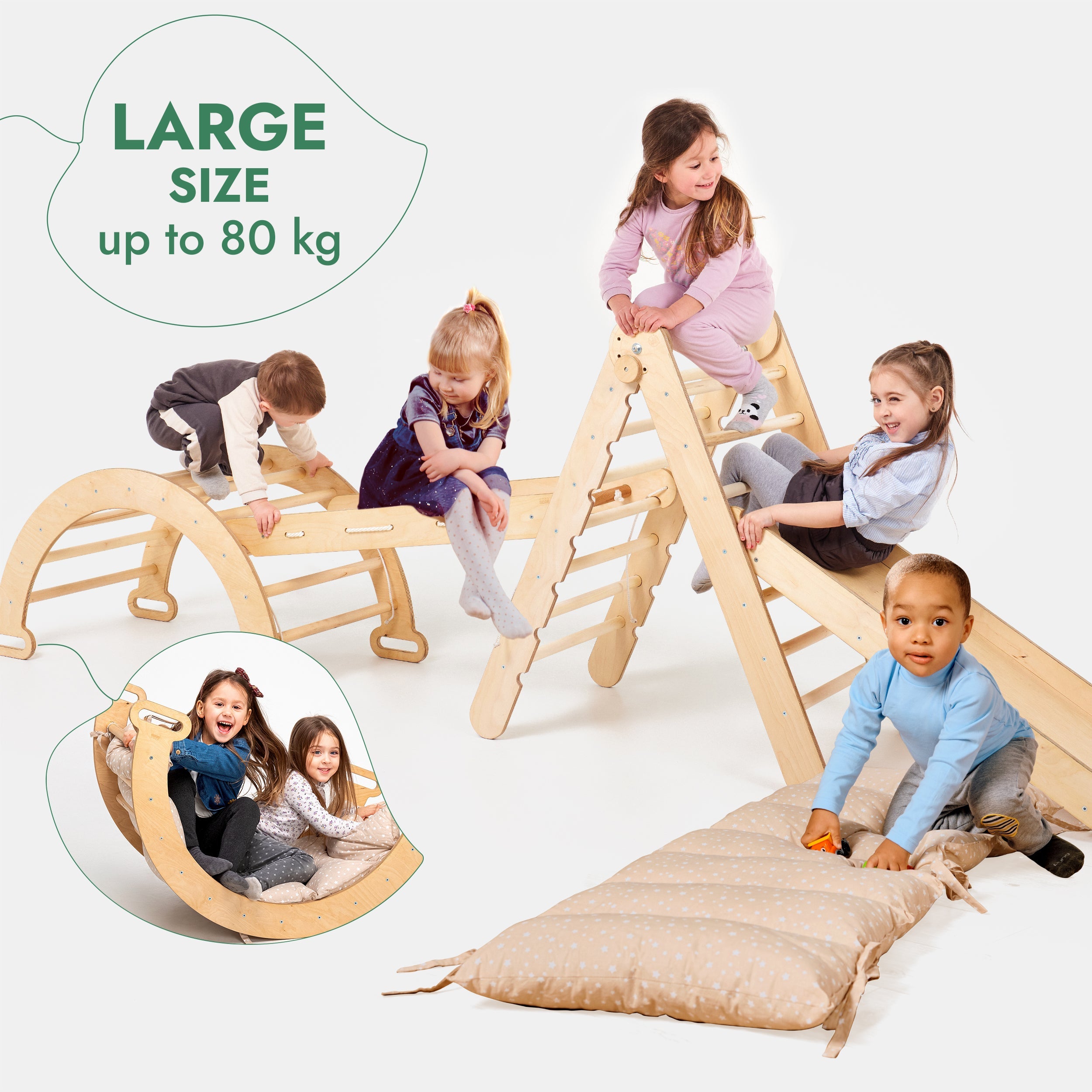 5in1 Montessori Climbing Frame: Pikler Triangle + Arch/Rocker + Slide Board/Ramp + Netting rope + Cushion - TARHUS