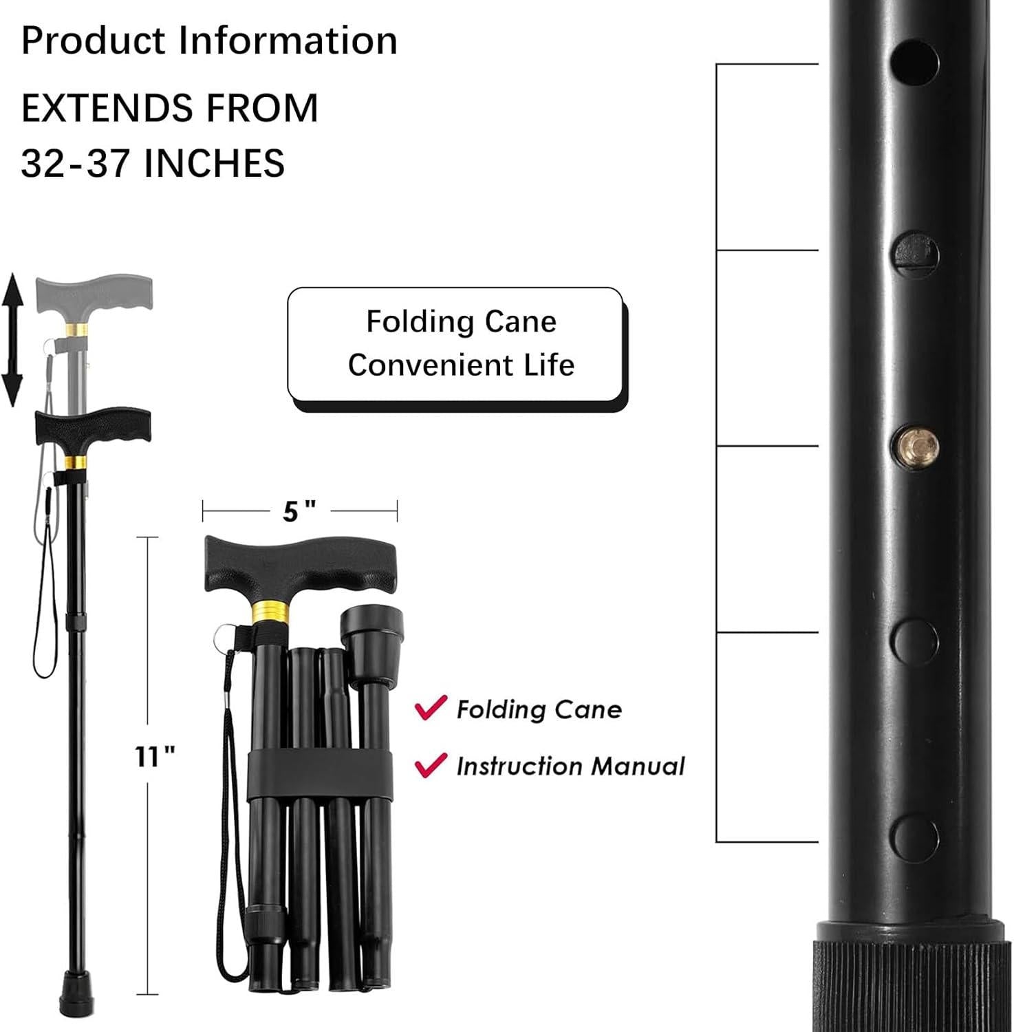 Adjustable Walking Cane for Seniors – Lightweight, Foldable Support Stick with Anti-Slip Rubber Tip & Ergonomic Handle - TARHUS