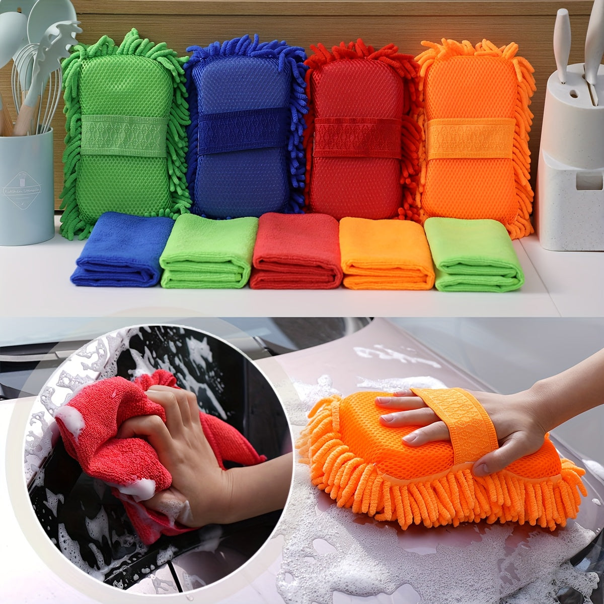 6-Piece Microfiber Car Wash Sponge & Towel Set – Super Absorbent, Scratch-Free Cleaning Kit for Auto, Home & Kitchen Use