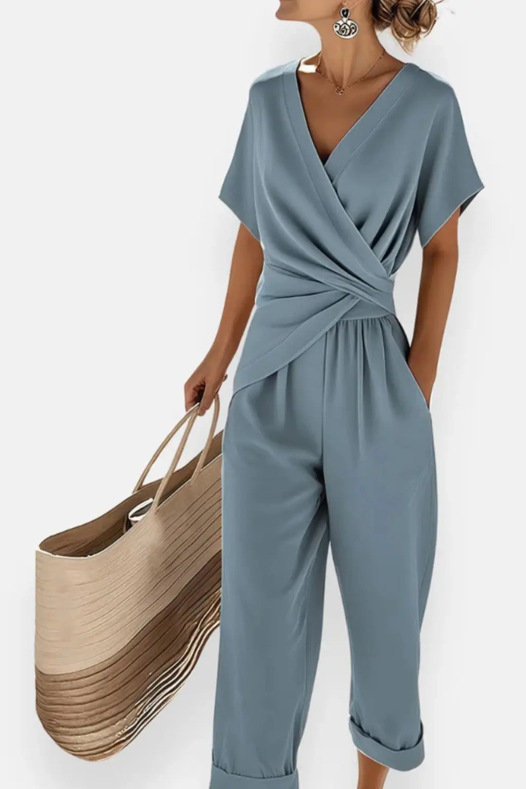 Celeste | Women Wrap Front Short Sleeve Cropped Jumpsuit with Pockets TARHUS  Kleider & Jumpsuits