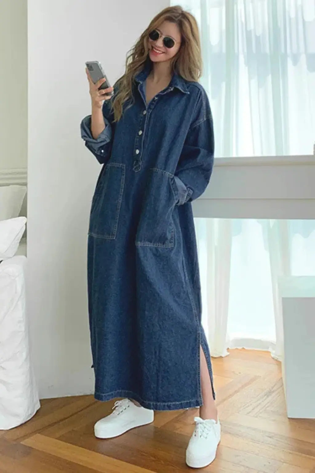 Margot | Women Oversized Long Sleeve Collared Denim Maxi Dress with Pockets TARHUS