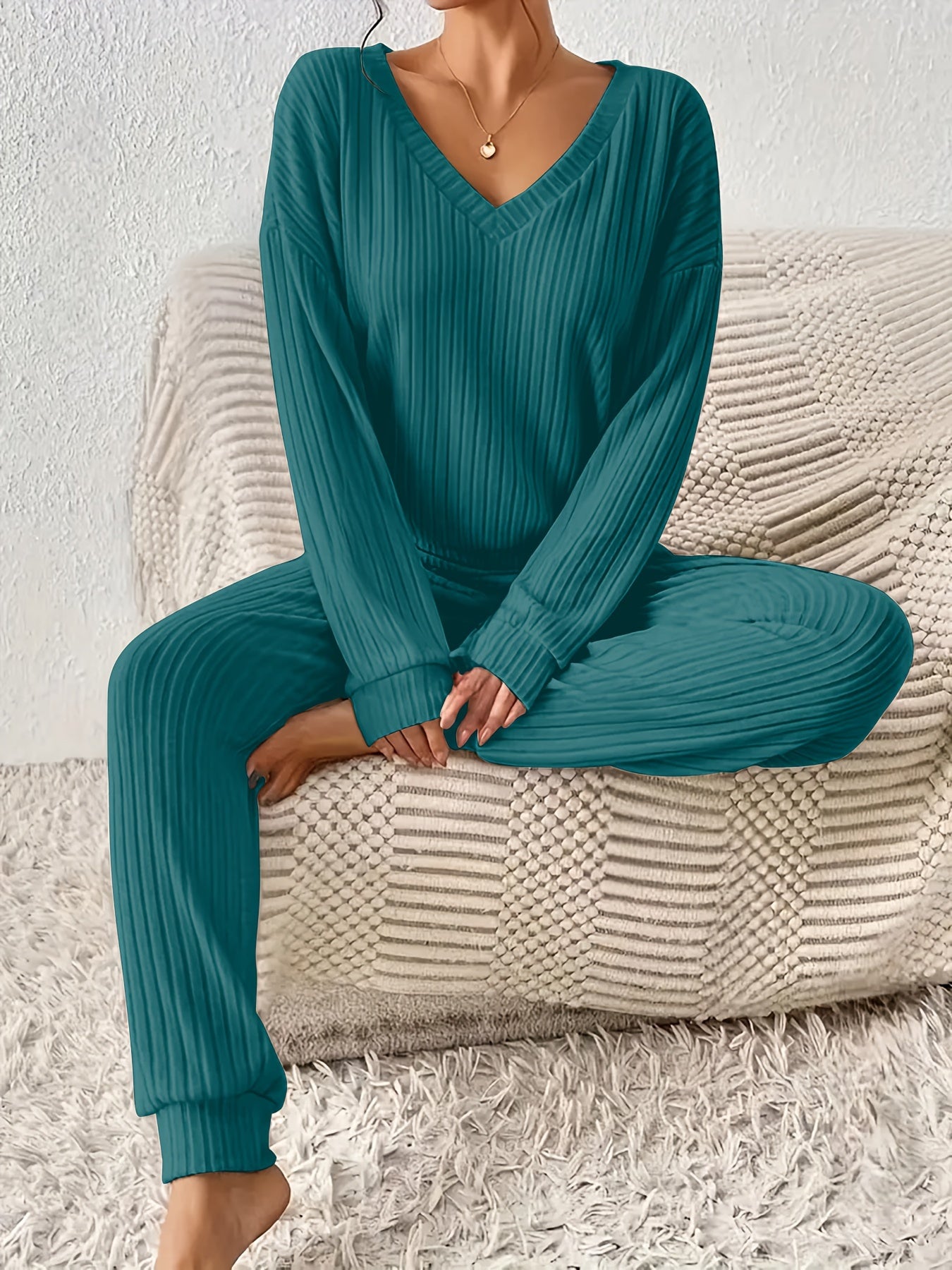 Women’s Knit Lounge Set – Long Sleeve Ribbed Top & Jogger Pants | Cozy 2-Piece Loungewear - TARHUS