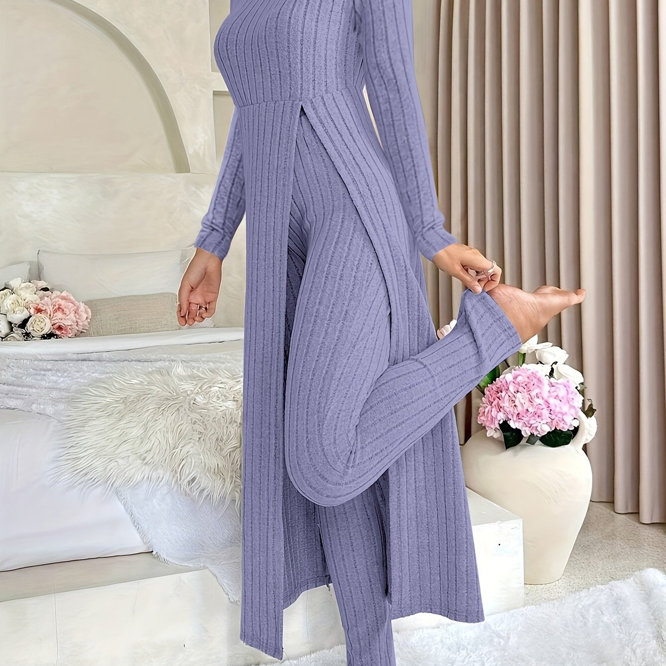 Women's Ribbed Lounge Set – Long Sleeve Top & Pants Two-Piece Outfit - TARHUS