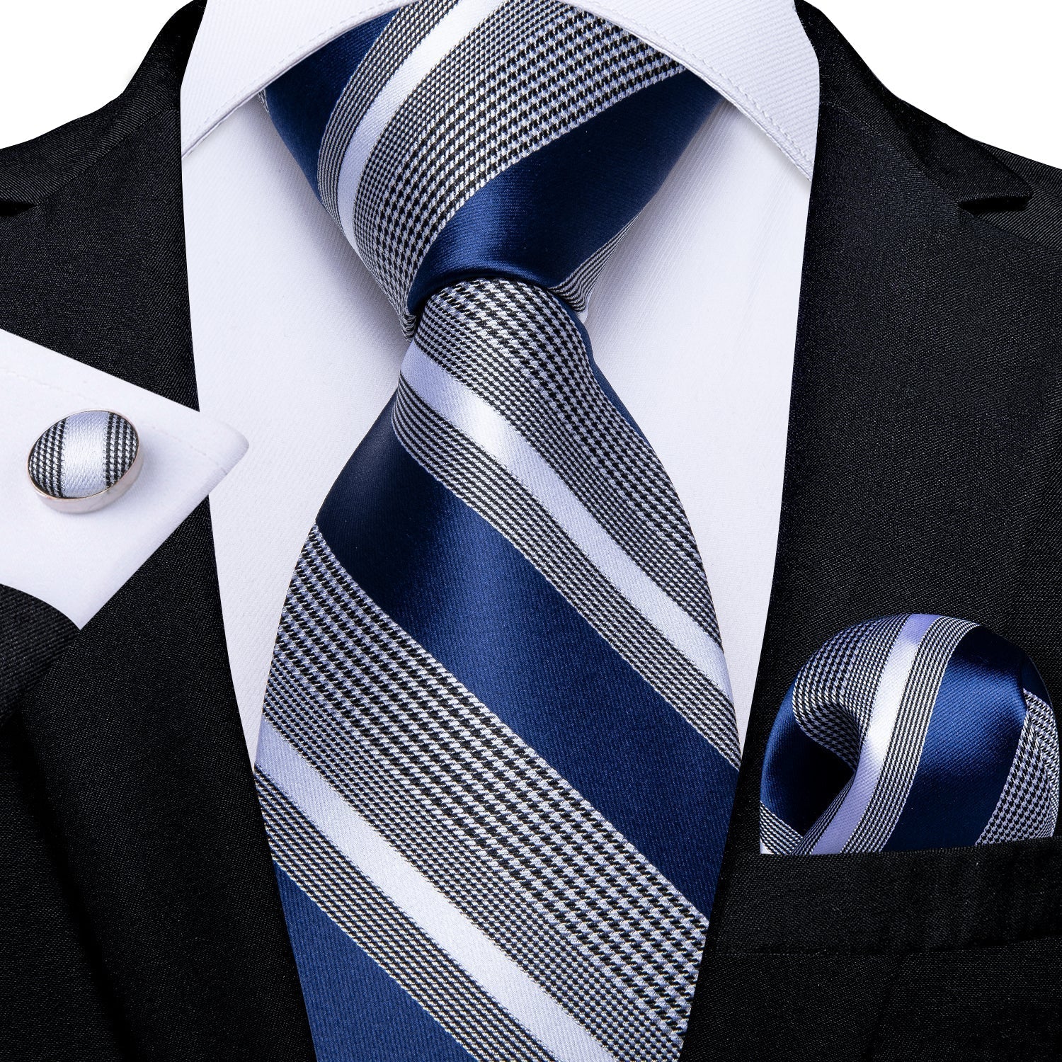 Royal Blue and Gray Striped Tie, Pocket Square and Cufflinks TARHUS  tie sets