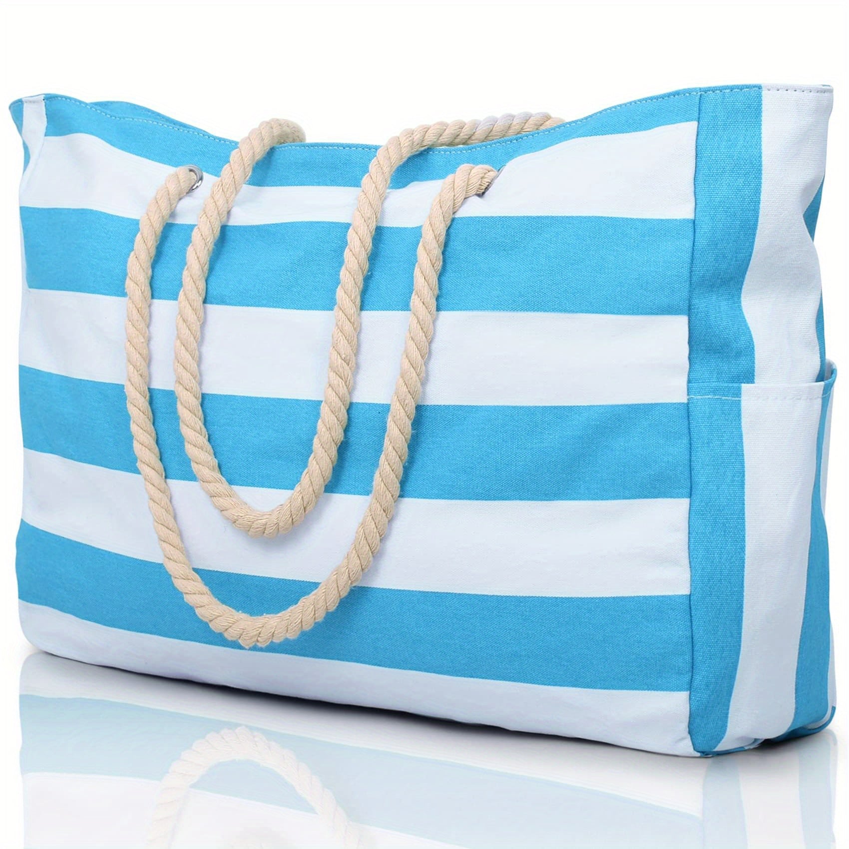 [Striped Beach Tote] Large Striped Canvas Beach Tote Bag with Zipper Closure | 1pc Foldable Shoulder Shopping Bag for Travel & Swimming, Non, Tassel Detail TARHUS