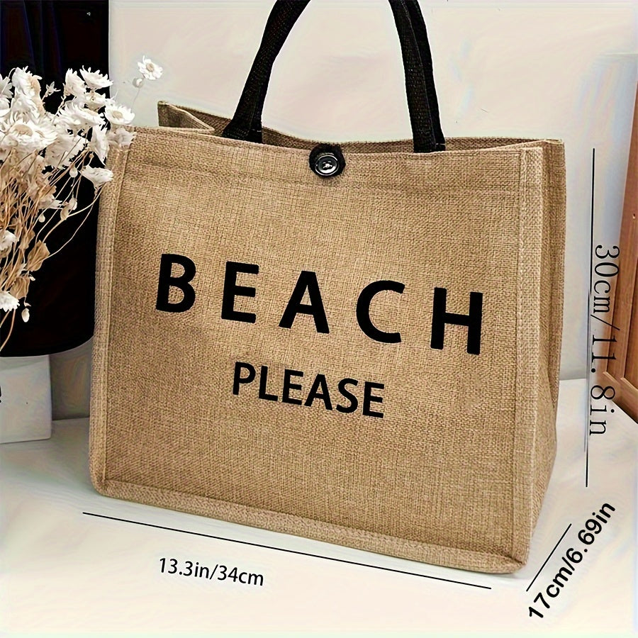 1pc Large Capacity Casual Beach Tote Bag for Women, Fashionable Letter Print, Fabric, Lightweight with Fixed Shoulder Strap, Snap Closure, Hand Washable, Suitable for Work, School, Shopping, and Travel TARHUS