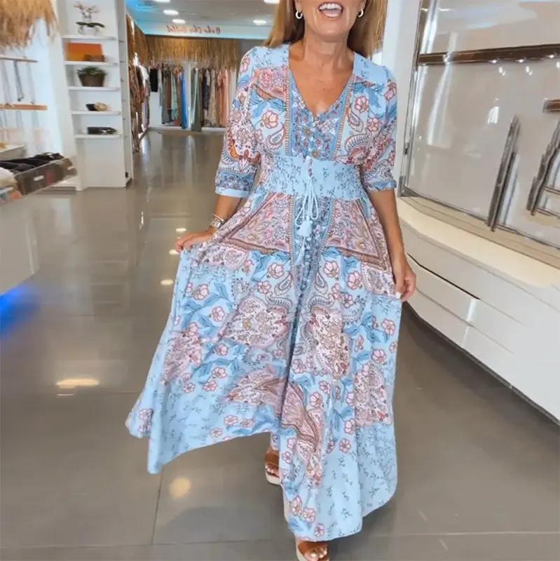 Boho V-Neck Maxi Dress for Women – Floral Holiday Dress with 3/4 Sleeves - TARHUS