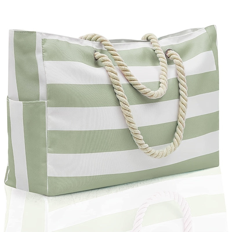 [Striped Beach Tote] Large Striped Canvas Beach Tote Bag with Zipper Closure | 1pc Foldable Shoulder Shopping Bag for Travel & Swimming, Non, Tassel Detail TARHUS