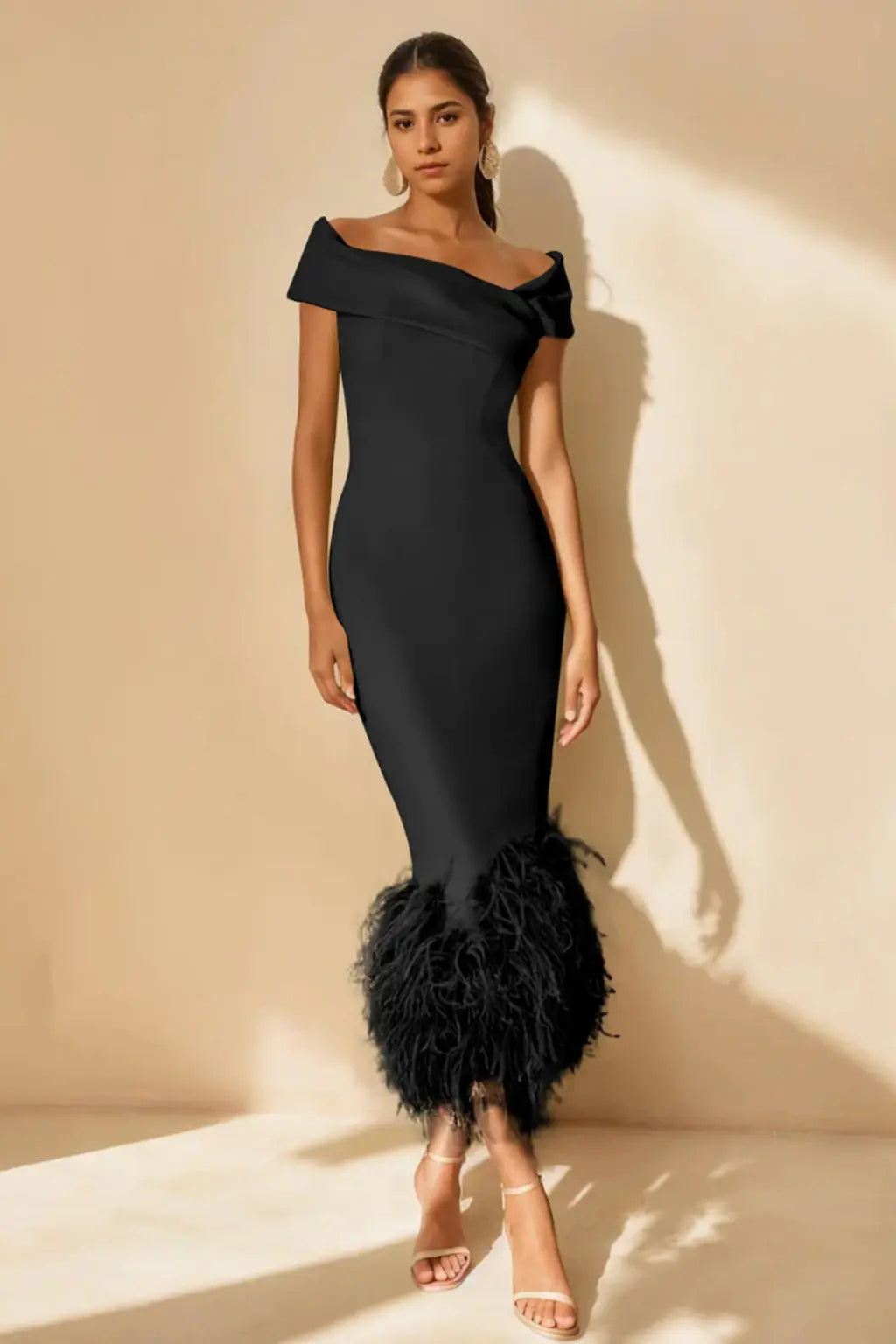 Verity | Women Off Shoulder Fitted Feather Hem Midi Wedding Guest Dress TARHUS  Mother of the Bride Dresses