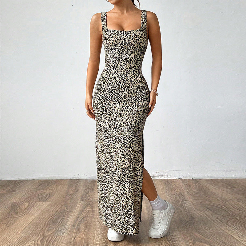 Women's Leopard Print Bodycon Maxi Dress with Side Slit TARHUS  Maxi Dress