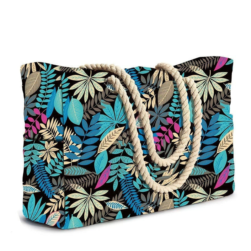 [Striped Beach Tote] Large Striped Canvas Beach Tote Bag with Zipper Closure | 1pc Foldable Shoulder Shopping Bag for Travel & Swimming, Non, Tassel Detail TARHUS