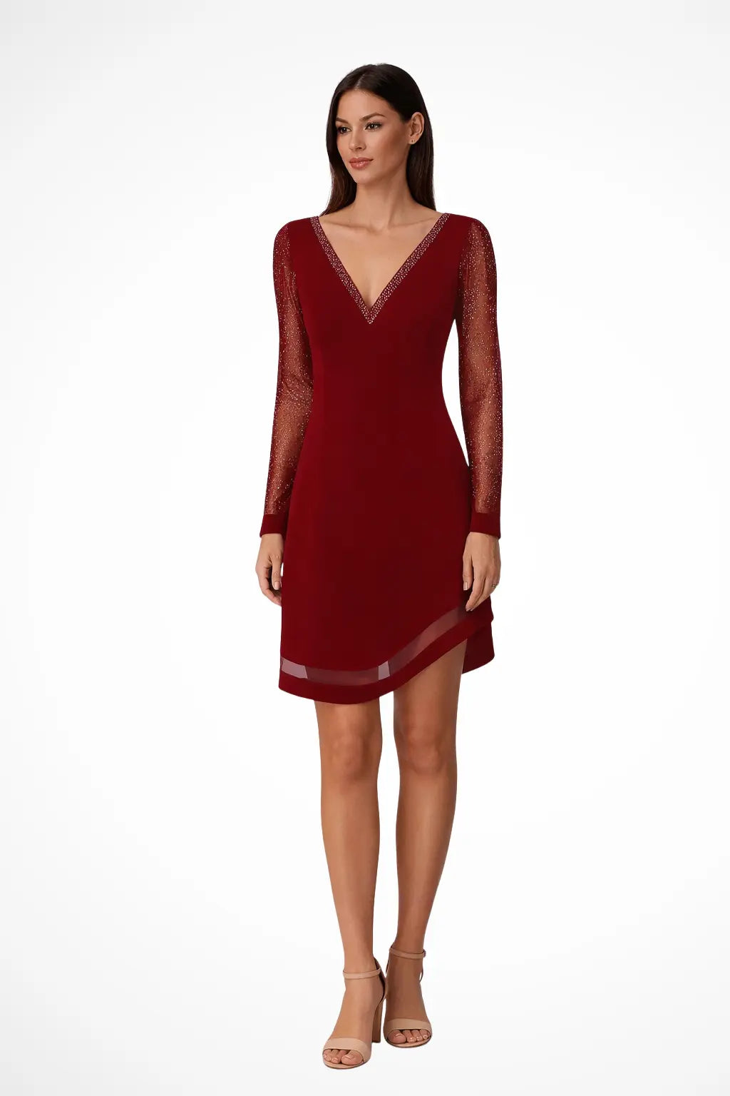 Aureline | Women Wedding Guest V Neck Midi Dress with Sheer Long Sleeves TARHUS  Midi Dress