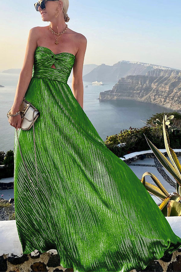 Elegant Strapless A-Line Evening Gown with Pleated Metallic Design TARHUS  Maxi Dresses (Women)