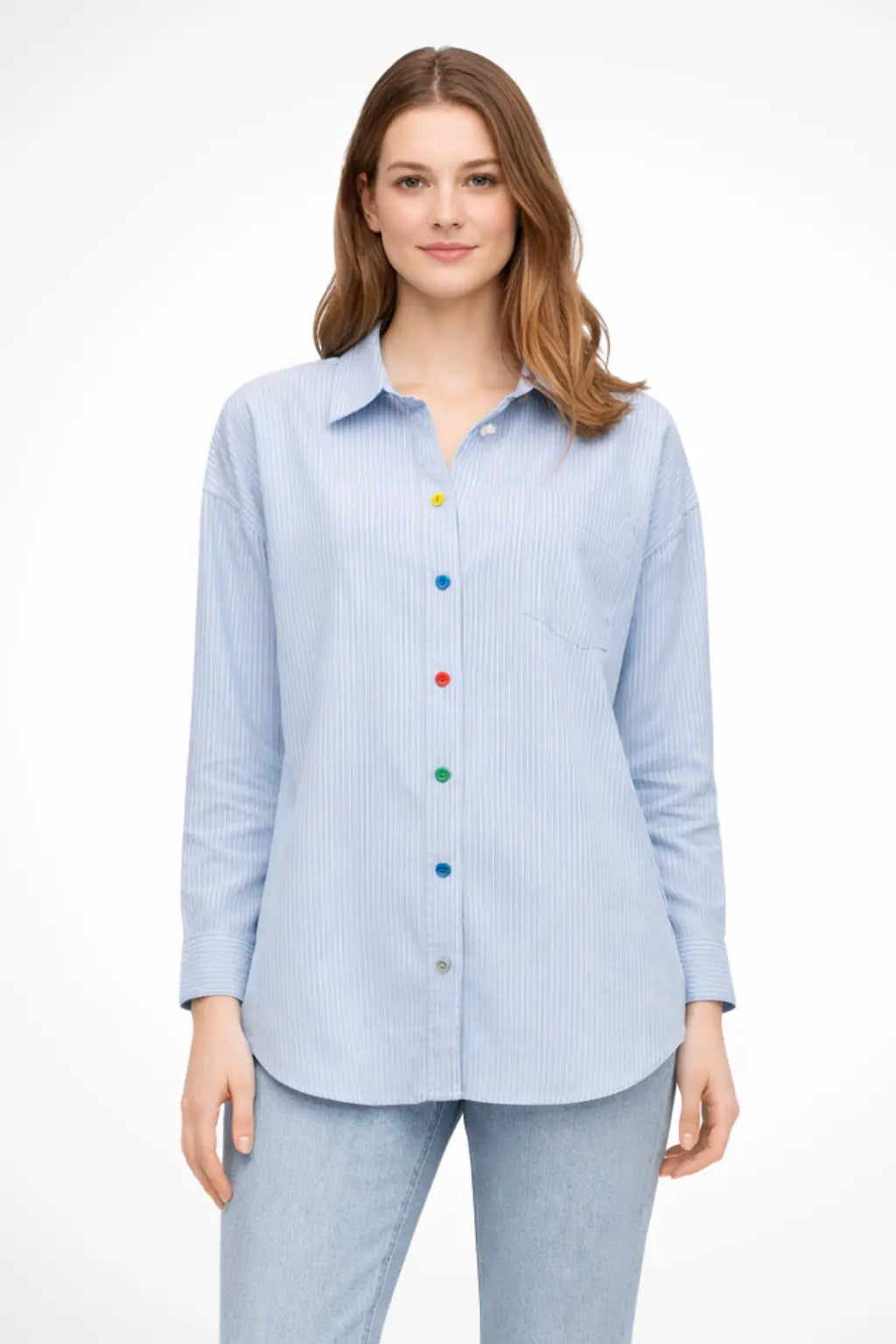 Elodie | Women Oversized Long Sleeve Striped Button Down Denim Shirt TARHUS  Blouses