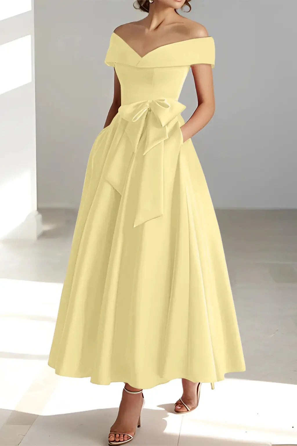 Arabella | Women Off Shoulder Bow Waist A Line Midi Wedding Guest Dress TARHUS  Mother of the Bride Dresses