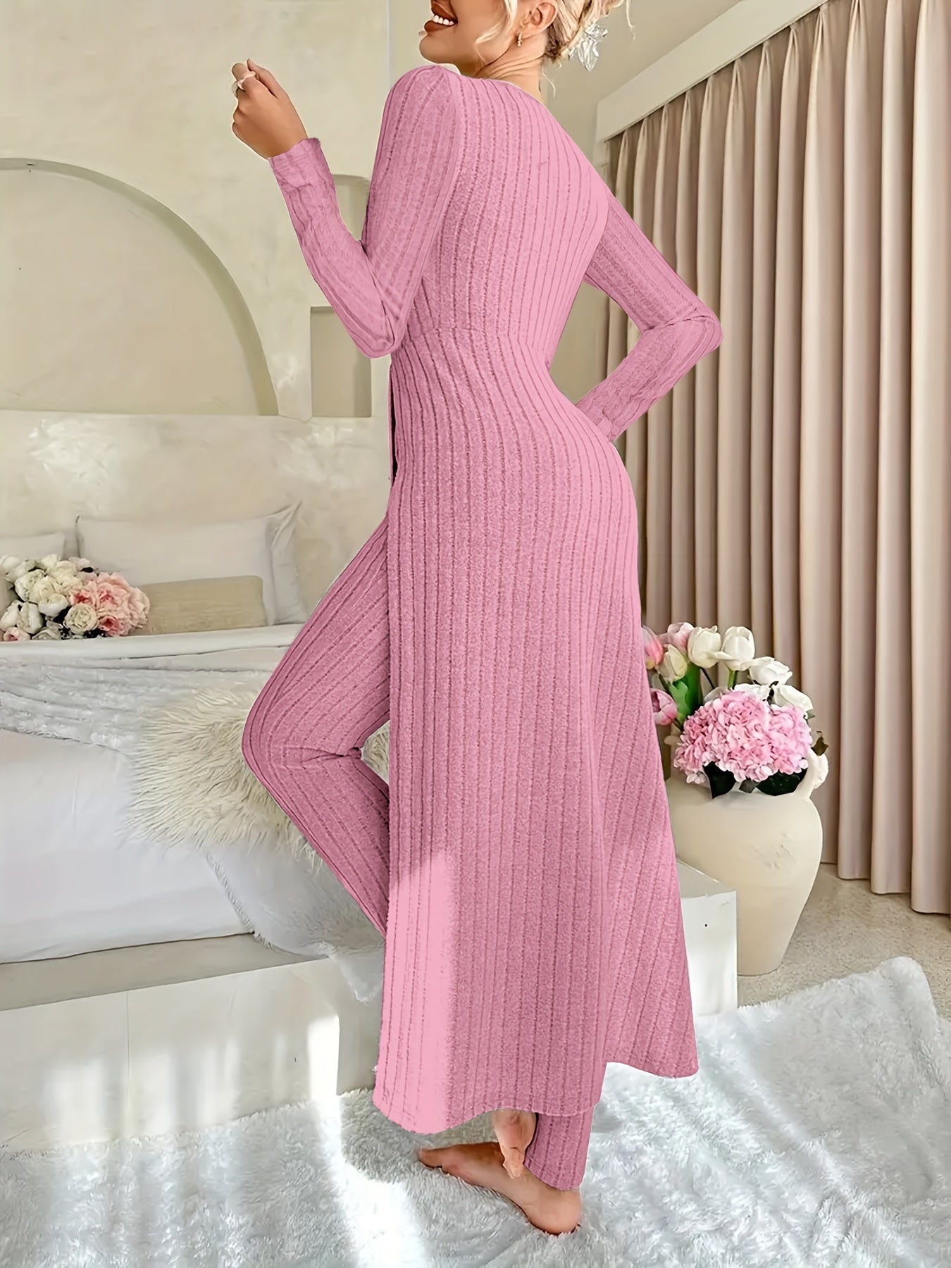 Women's Ribbed Lounge Set – Long Sleeve Top & Pants Two-Piece Outfit - TARHUS