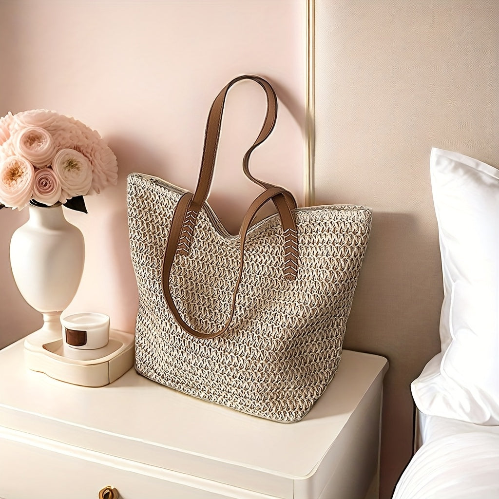 Large-Capacity Woven Handbag - Chic Beige Straw Handbag with Brown Handles, Zipper Closure, And Polyester Lining for Beach, Shopping, And Everyday Use, Beach Bag TARHUS