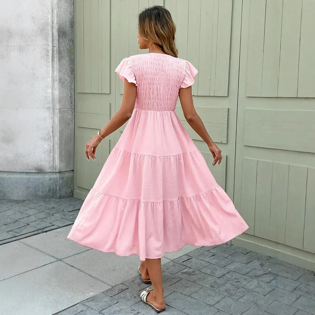 Flowing Pink Midi Dress with Smocked Bodice for Women TARHUS  SS - Womens - Maxi Dress