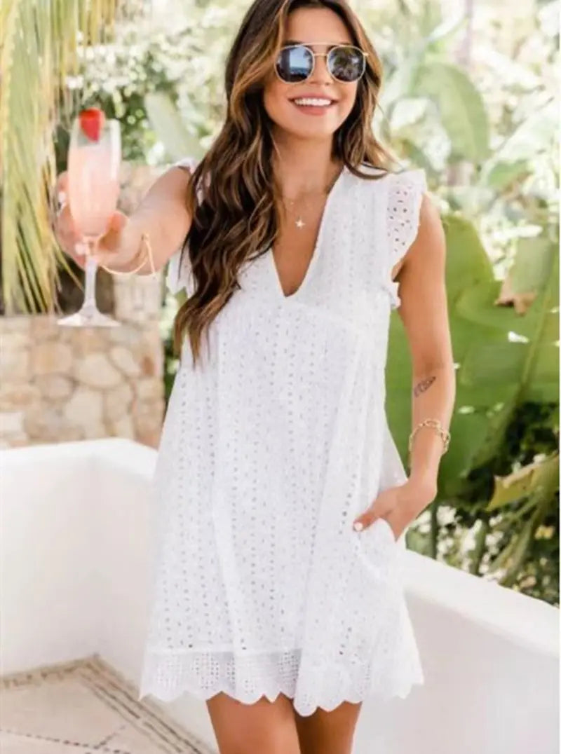Cotton Eyelet Mini Dress with Scalloped Hem for Women TARHUS  SS - Womens - Mini Dress