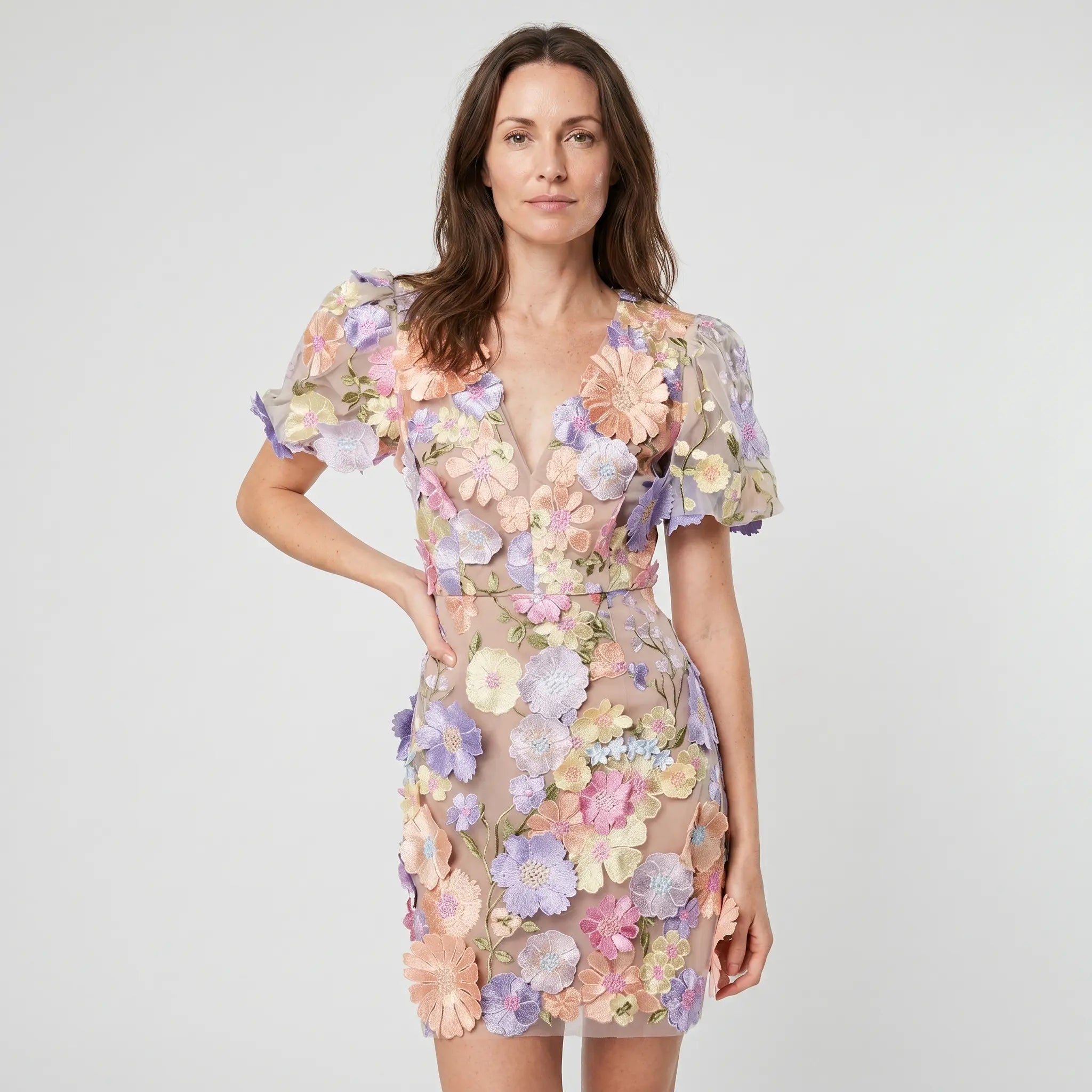 Sheer Floral Mesh Mini Dress with Puff Sleeves for Women TARHUS  SS - Womens - Mini Dress