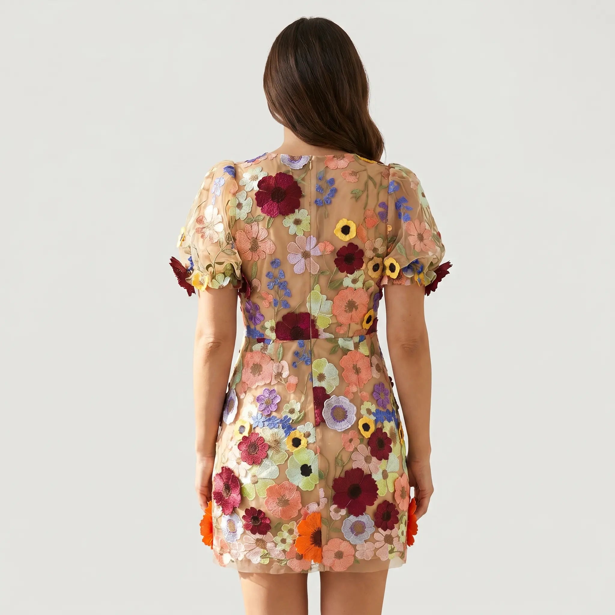 Sheer Floral Mesh Mini Dress with Puff Sleeves for Women TARHUS  SS - Womens - Mini Dress