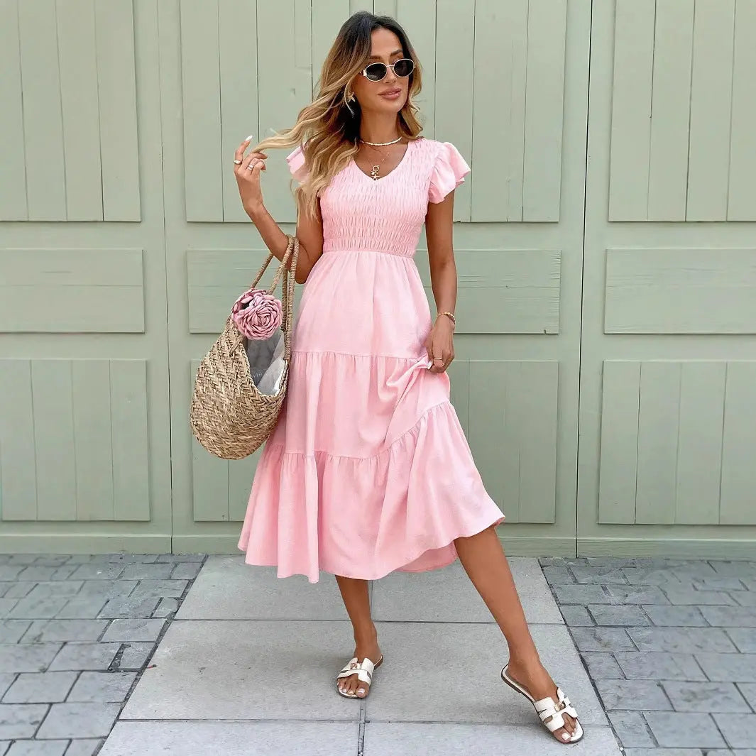 Flowing Pink Midi Dress with Smocked Bodice for Women TARHUS  SS - Womens - Maxi Dress