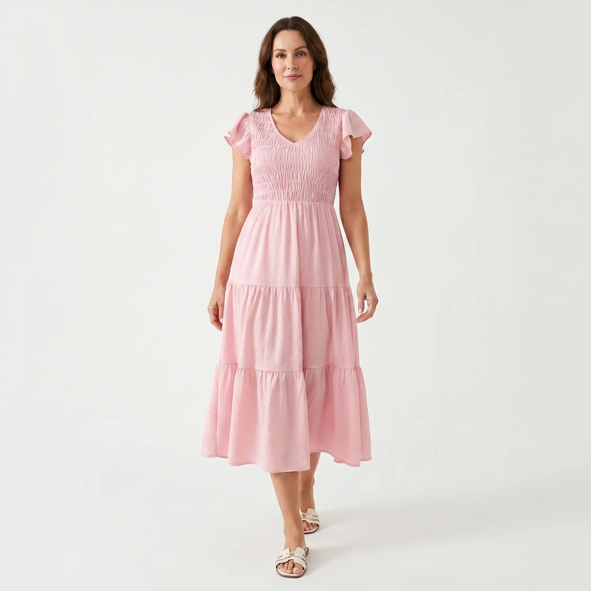 Flowing Pink Midi Dress with Smocked Bodice for Women TARHUS  SS - Womens - Maxi Dress