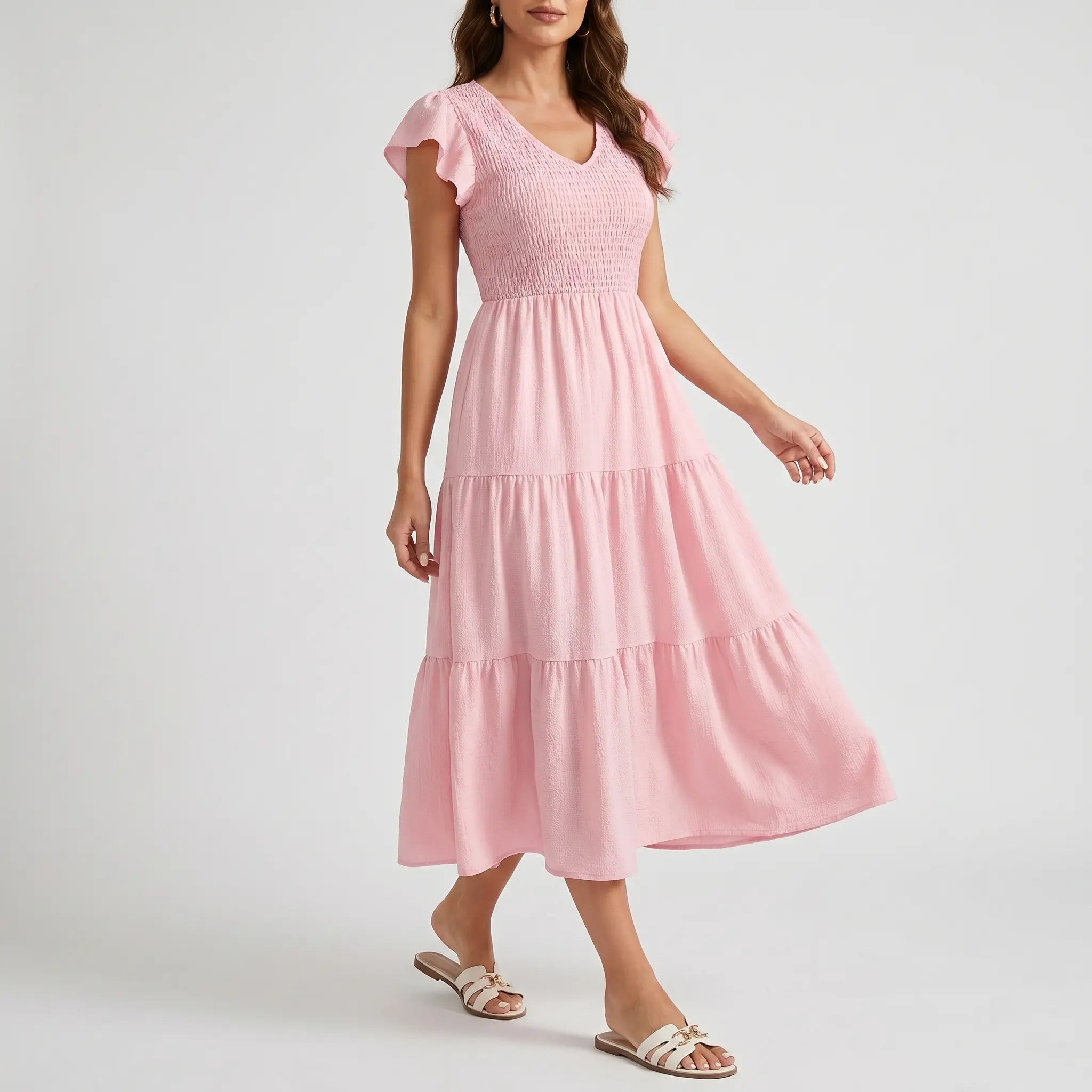Flowing Pink Midi Dress with Smocked Bodice for Women TARHUS  SS - Womens - Maxi Dress
