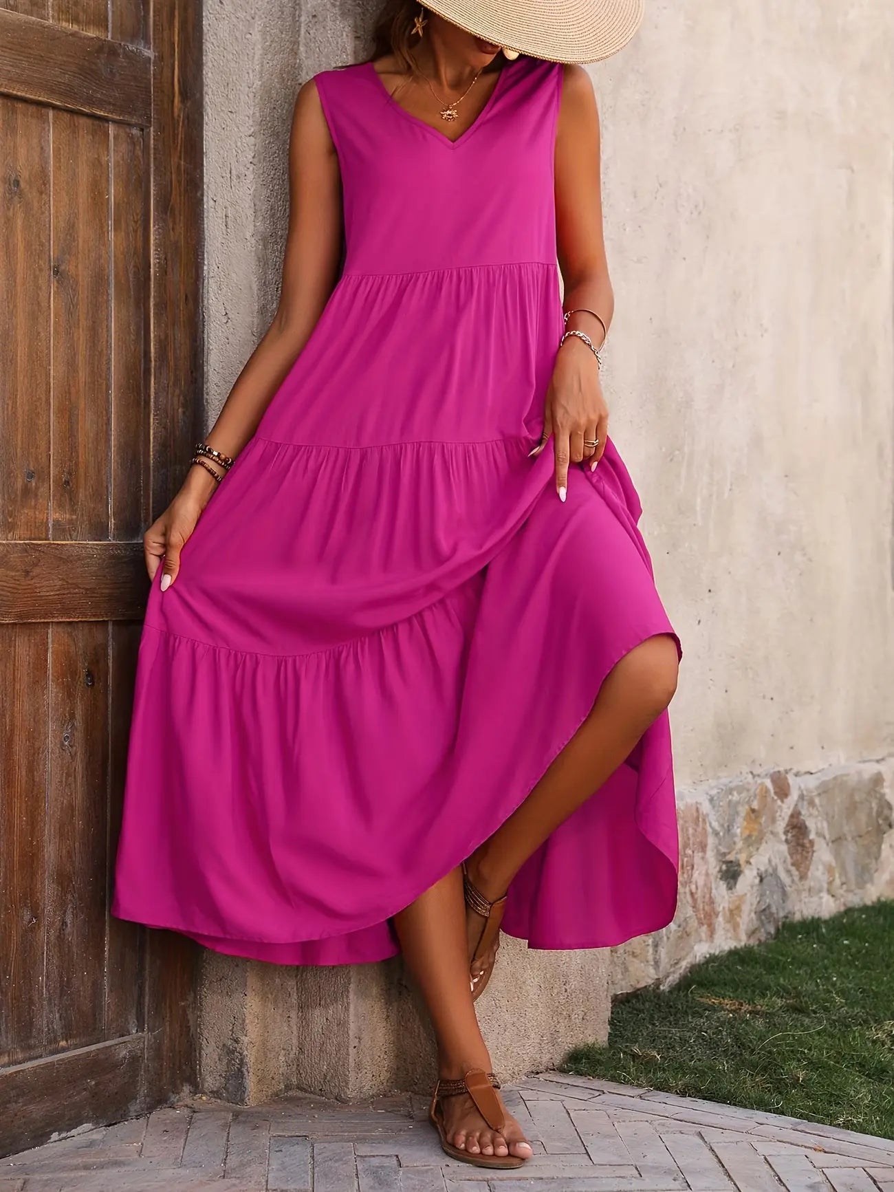 Flowing Tiered Maxi Dress with V-Neck for Women TARHUS  SS - Womens - Maxi Dress