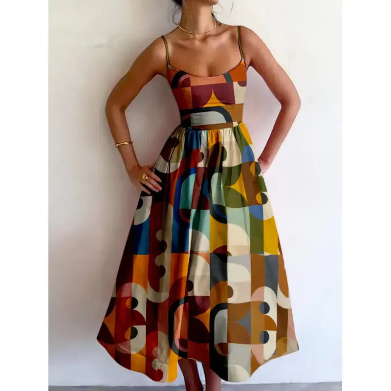 Geometric Print Midi Dress with Spaghetti Straps for Women TARHUS  SS - Womens - Midi Dress