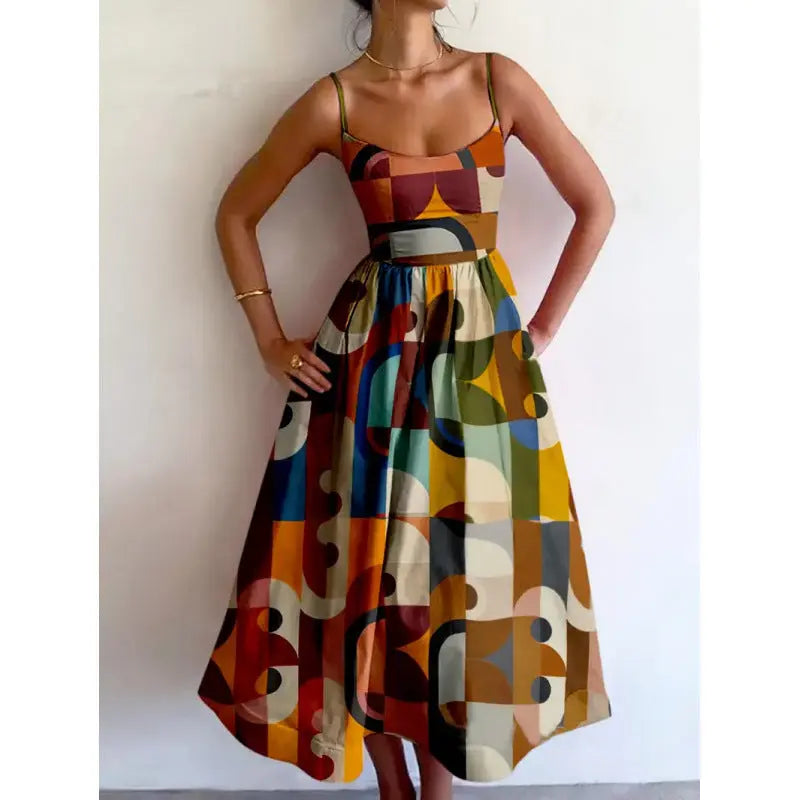 Geometric Print Midi Dress with Spaghetti Straps for Women TARHUS  SS - Womens - Midi Dress