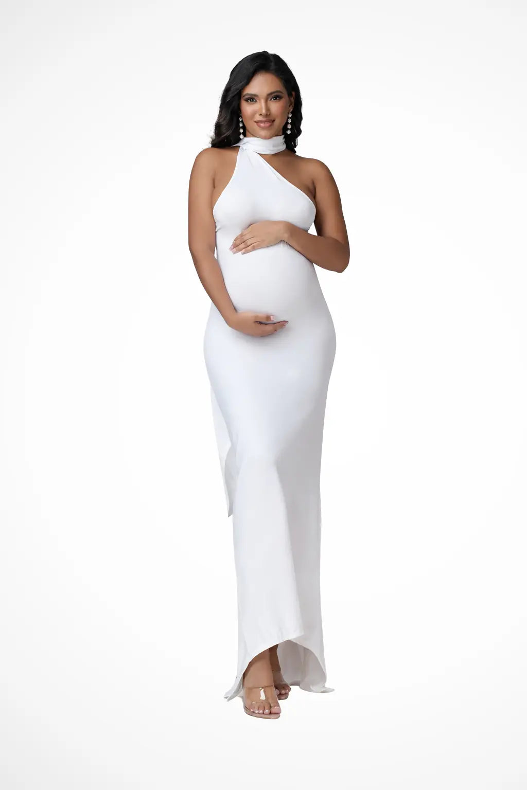 Isolde | Women White Halter Neck Draped Maternity Maxi Dress TARHUS